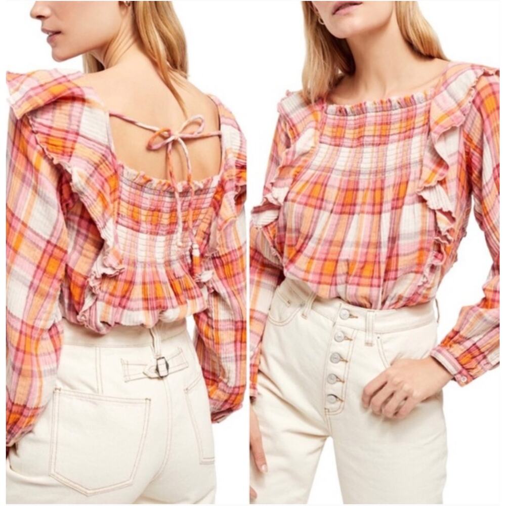 NWT Free People Sienna‎ Plaid Ruffle Square Neck Blouse S